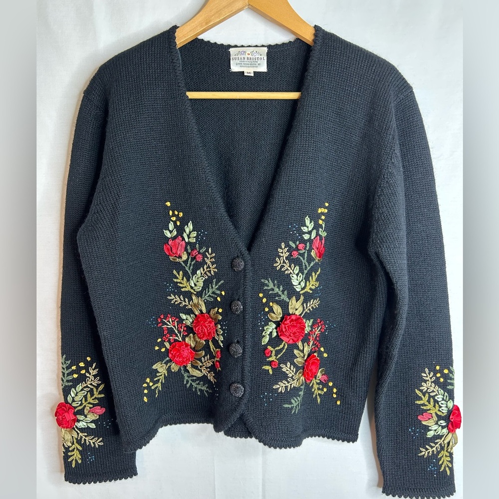 Susan Bristol Vintage 1994 Black Wool Botanical/Floral Cardigan Size Medium